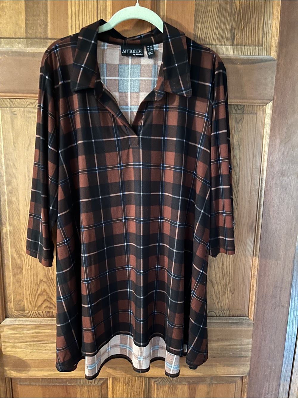 Attitudes by Renee Plaid Collared 3/4 Sleeve Tunic Top Womans Petite size 1XP